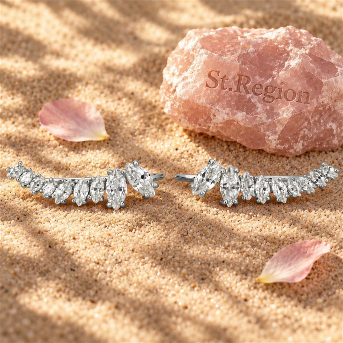 Crystal and Silver-Plated Ear Climbers, botanical inspired, detail close-up