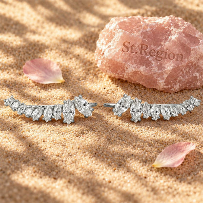 Crystal and Silver-Plated Ear Climbers, botanical inspired, detail close-up