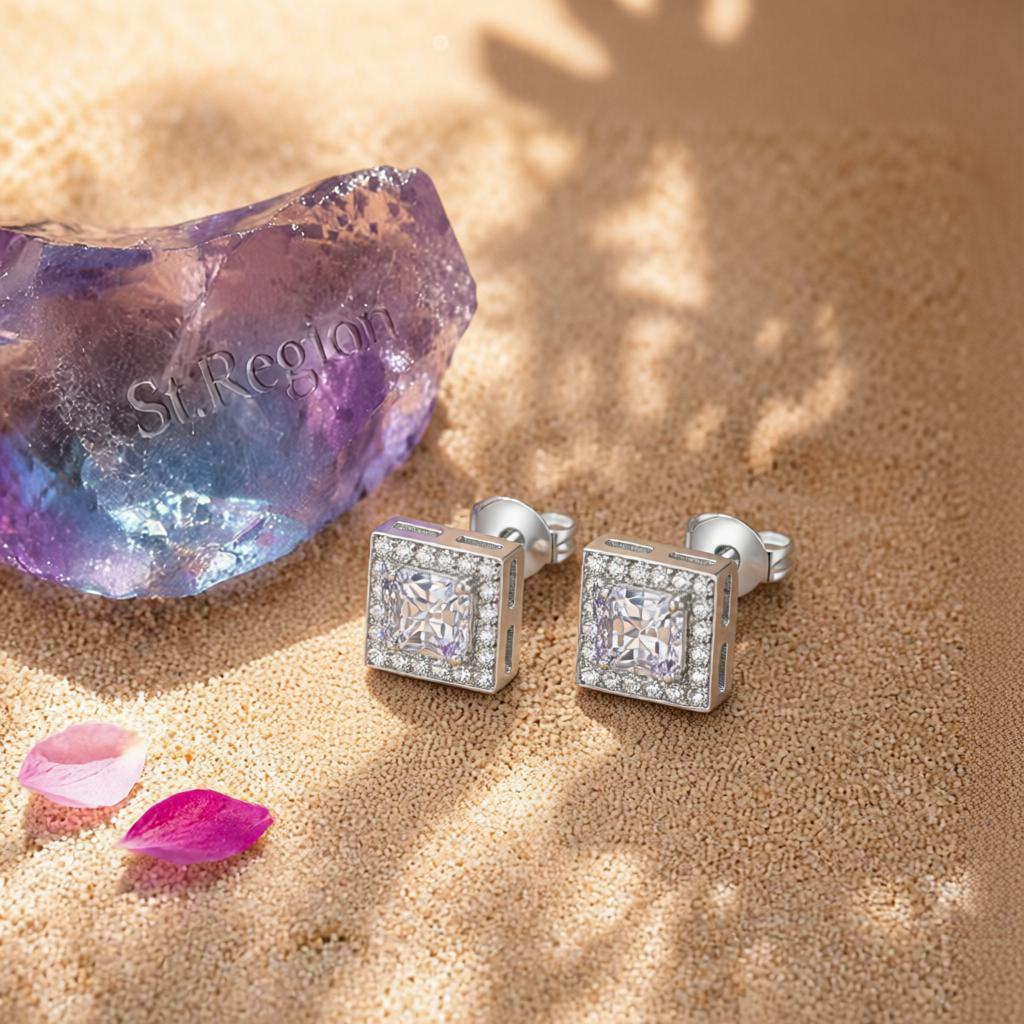 Crystal and Cubic Zirconia Hola Square Stud Earrings, stud earrings for women, botanical inspired, detail close-up