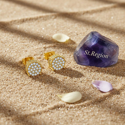 Clear Cubic Zirconia and 18K Gold-Plated Round Pavé Stud Earrings, cubic zirconia stud earrings for women, detail close-up