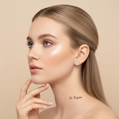 Clear Cubic Zirconia and 18K Gold-Plated Round Pavé Stud Earrings, cubic zirconia stud earrings for women, styled look