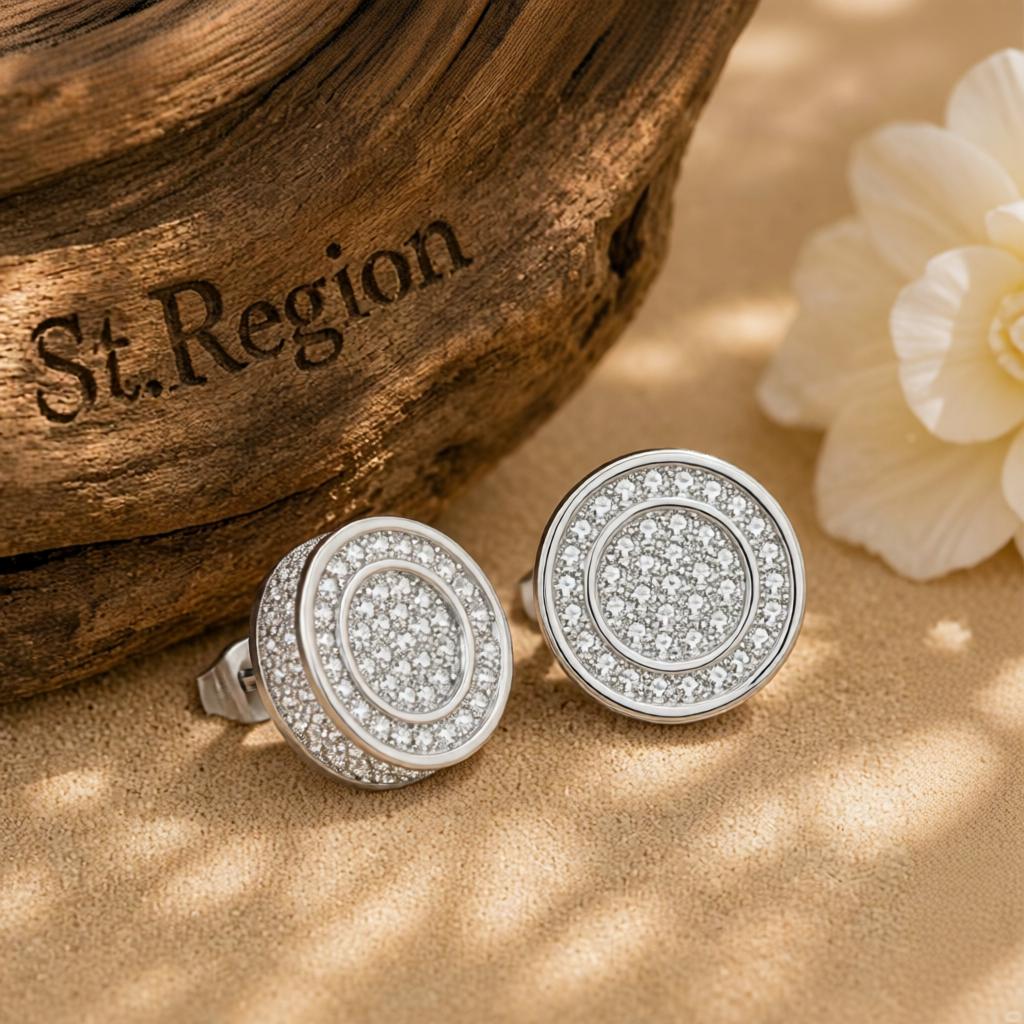 Cubic Zirconia and Silver-Plated Pavé Round Stud Earrings, silver stud earrings for women, front view