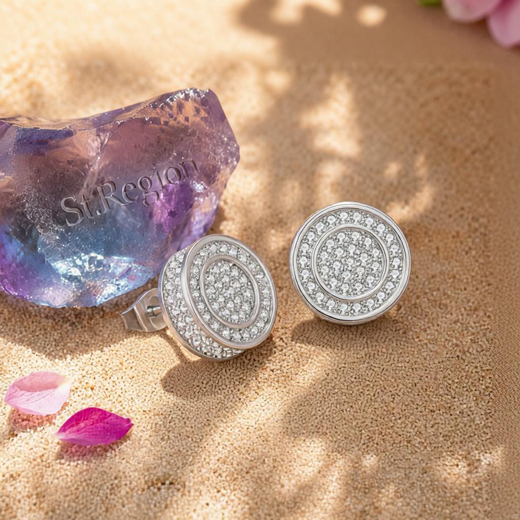 Cubic Zirconia and Silver-Plated Pavé Round Stud Earrings, silver stud earrings for women, detail close-up