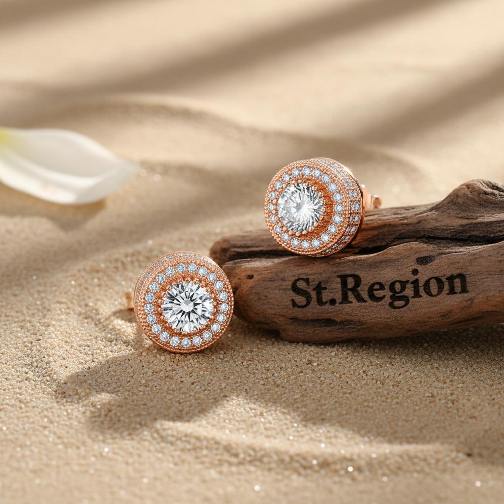 Clear Cubic Zirconia and 18K Rose Gold-Plated Round Stud Earrings, cubic zirconia stud earrings for women, front view