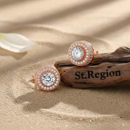 Clear Cubic Zirconia and 18K Rose Gold-Plated Round Stud Earrings, cubic zirconia stud earrings for women, front view