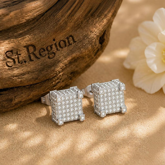 Cubic Zirconia and Silver-Plated Square Stud Earrings, cubic zirconia stud earrings for women, botanical inspired, front view