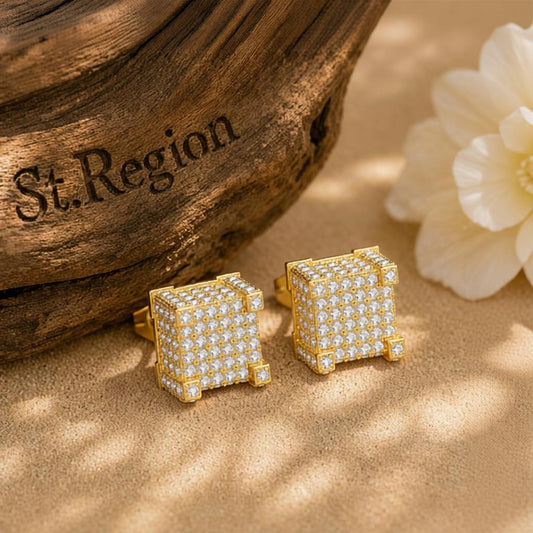 Cubic Zirconia and 18K Gold-Plated Pavé Square Stud Earrings, gold stud earrings for women, front view