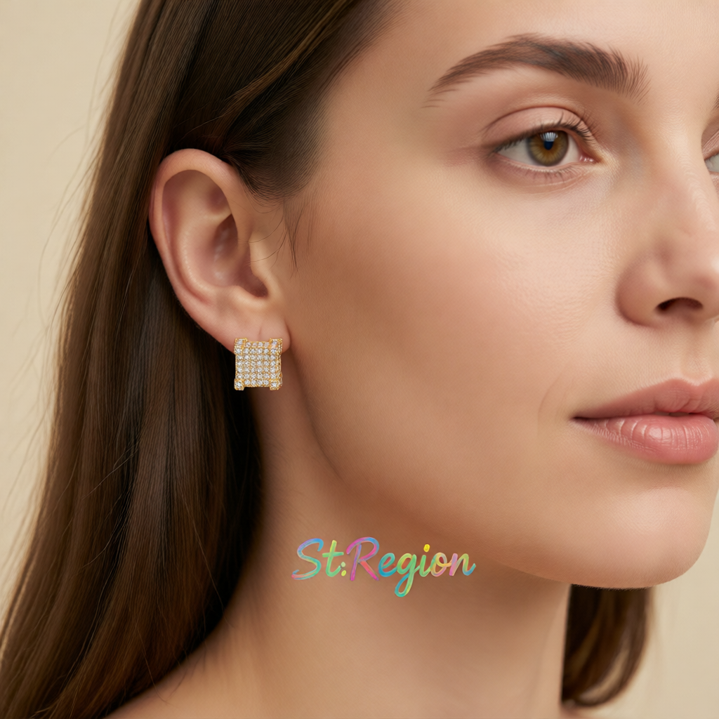 Cubic Zirconia & 18K Gold-Plated Pavé Square Stud Earrings