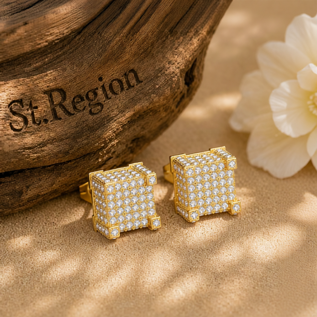 Cubic Zirconia & 18K Gold-Plated Pavé Square Stud Earrings