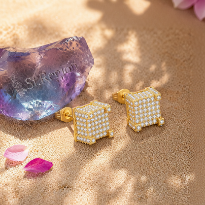 Cubic Zirconia & 18K Gold-Plated Pavé Square Stud Earrings