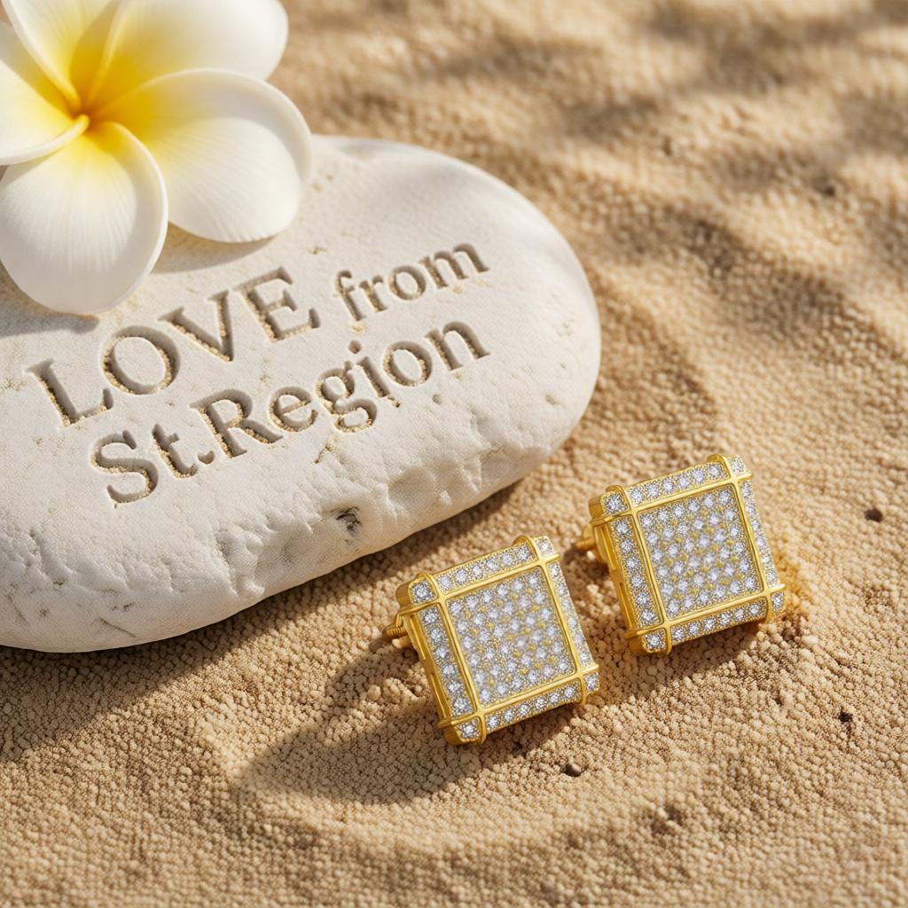 Cubic Zirconia and Two-Tone Stripe Square Stud Earrings, cubic zirconia stud earrings for women, lifestyle look
