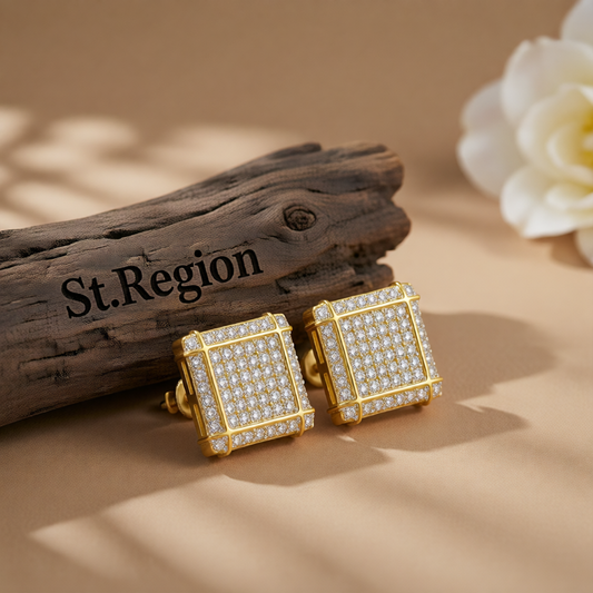 Cubic Zirconia & Two-Tone Stripe Square Stud Earrings