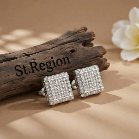 Cubic Zirconia and Silver-Plated Grid Square Stud Earrings, cubic zirconia stud earrings for women, front view