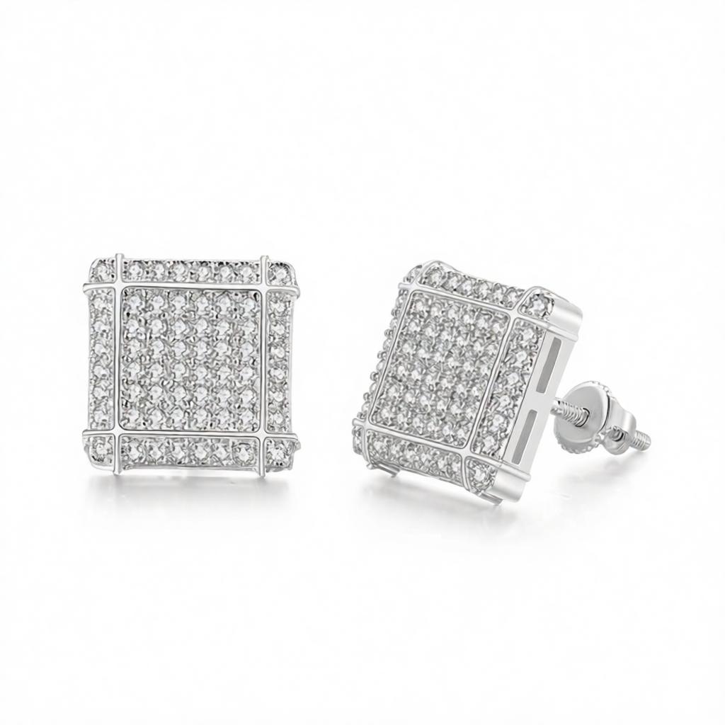 Cubic Zirconia and Silver-Plated Grid Square Stud Earrings, cubic zirconia stud earrings for women, side view