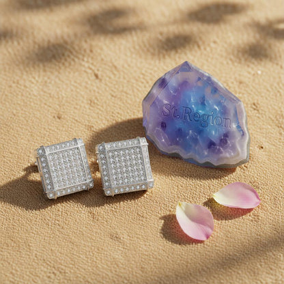 Cubic Zirconia and Silver-Plated Grid Square Stud Earrings, cubic zirconia stud earrings for women, detail close-up