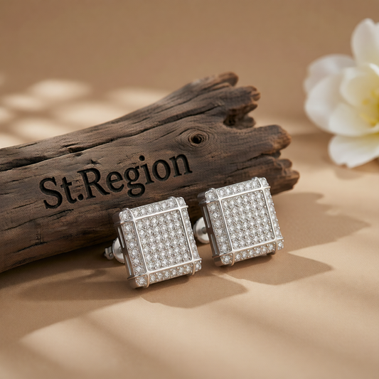 Cubic Zirconia & Silver-Plated Grid Square Stud Earrings