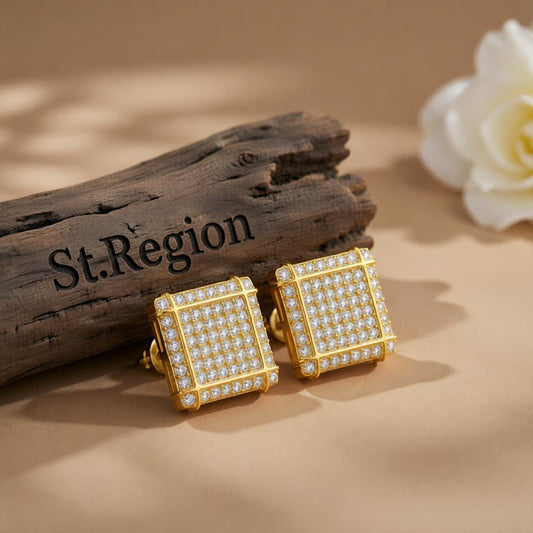 Cubic Zirconia and 18K Gold-Plated Square Stud Earrings, cubic zirconia stud earrings for women, front view