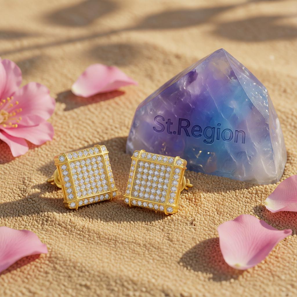 Cubic Zirconia and 18K Gold-Plated Square Stud Earrings, cubic zirconia stud earrings for women, detail close-up