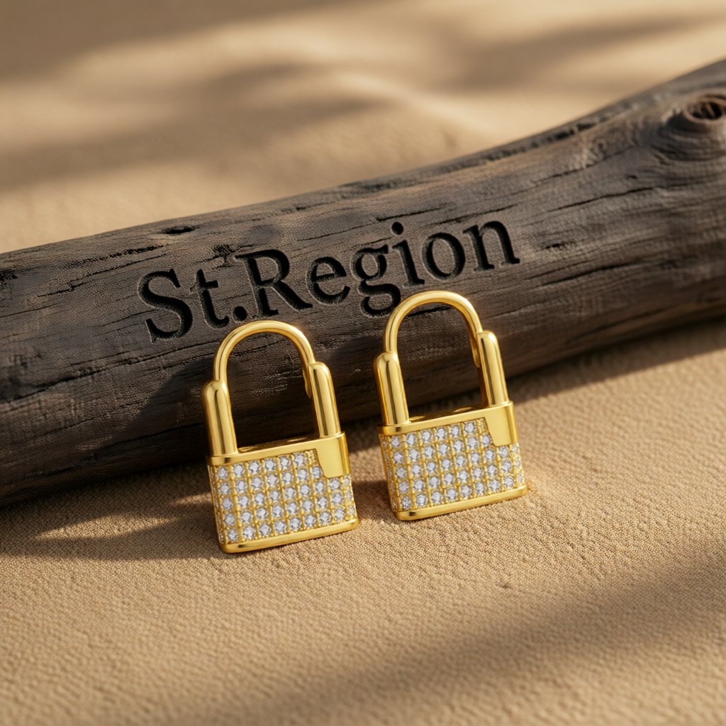 Cubic Zirconia and 18K Gold-Plated Lock Huggie Earrings, gold huggie earrings, botanical inspired, front view