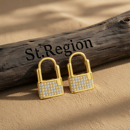 Cubic Zirconia and 18K Gold-Plated Lock Huggie Earrings, gold huggie earrings, botanical inspired, front view