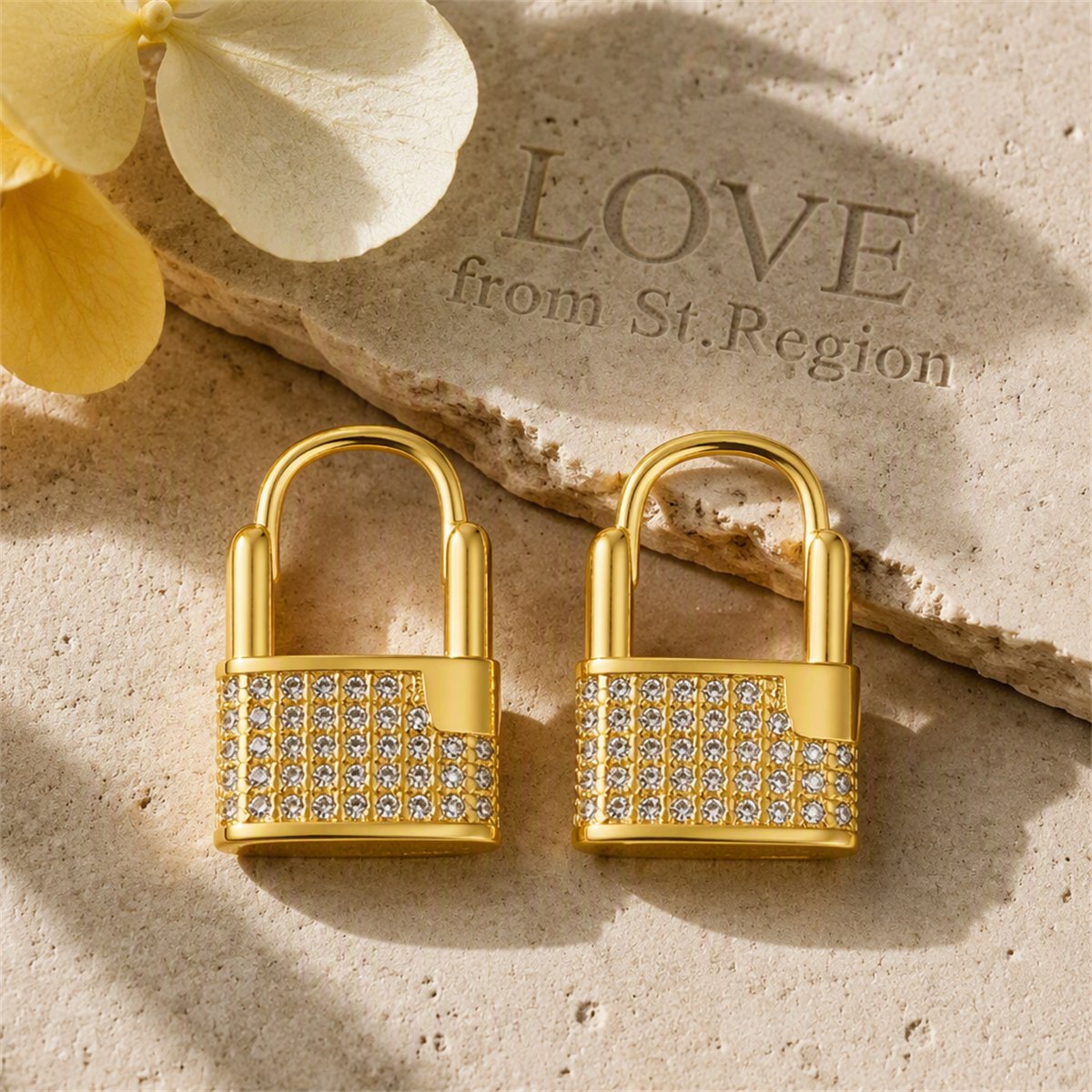 Cubic Zirconia and 18K Gold-Plated Lock Huggie Earrings, gold huggie earrings, botanical inspired, lifestyle look
