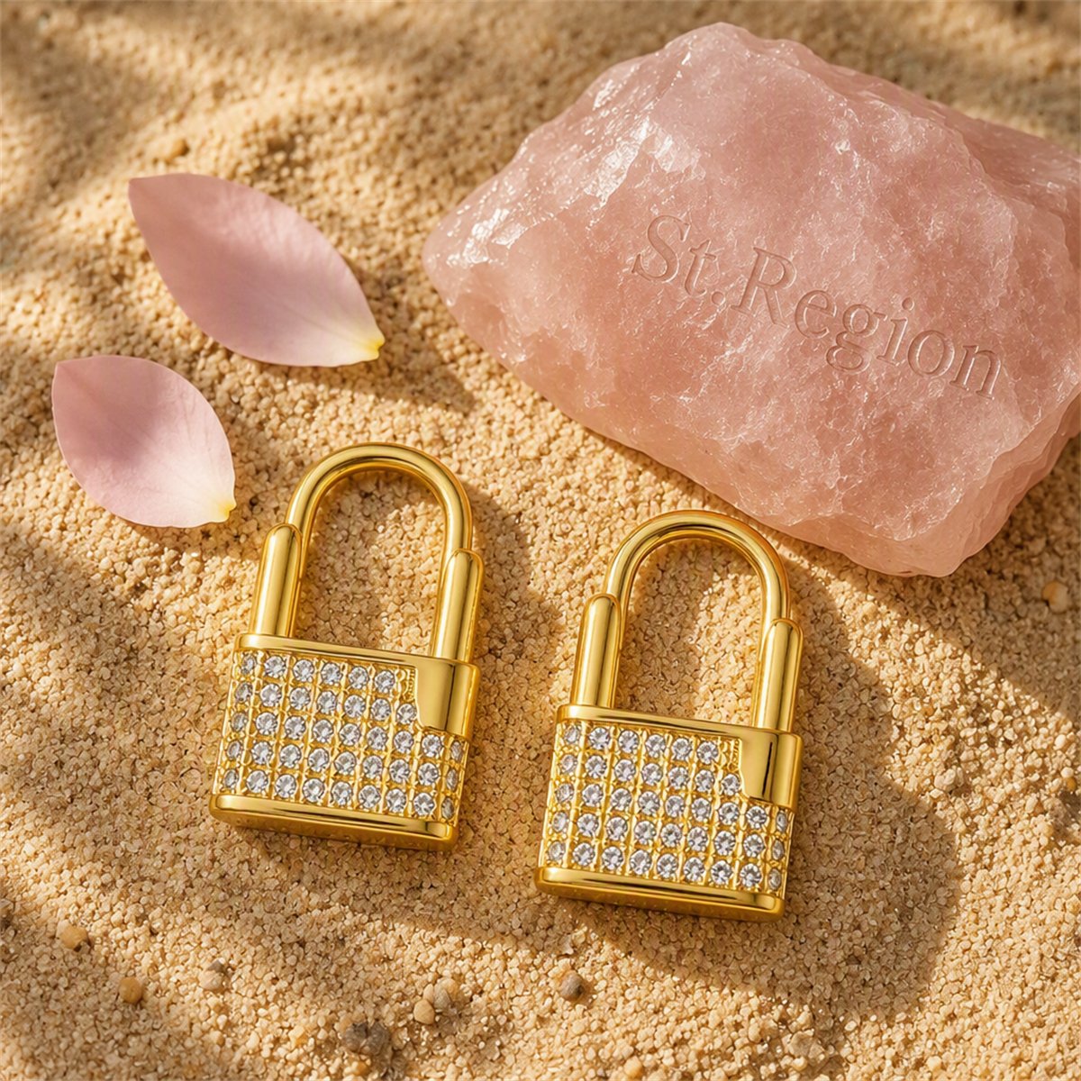 Cubic Zirconia and 18K Gold-Plated Lock Huggie Earrings, gold huggie earrings, botanical inspired, detail close-up