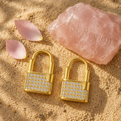 Cubic Zirconia and 18K Gold-Plated Lock Huggie Earrings, gold huggie earrings, botanical inspired, detail close-up
