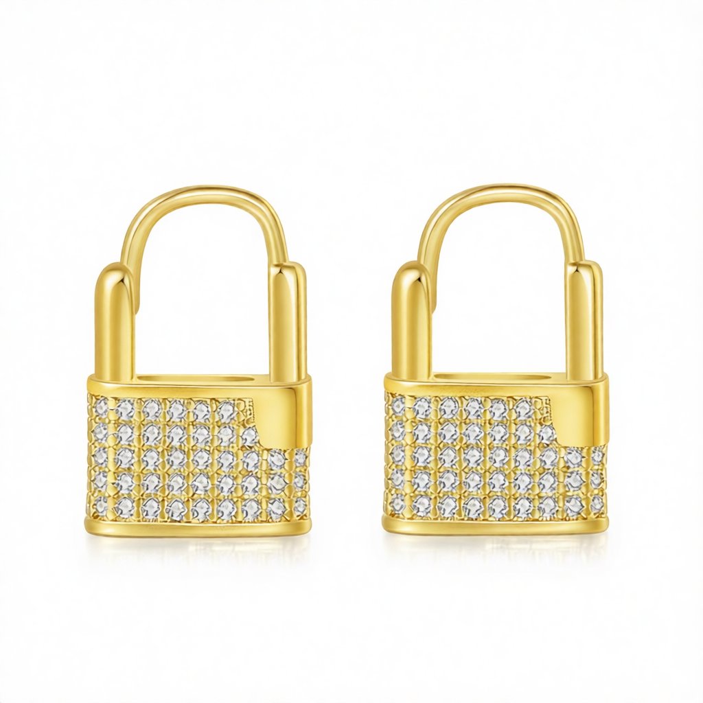 Cubic Zirconia and 18K Gold-Plated Lock Huggie Earrings, gold huggie earrings, botanical inspired, side view