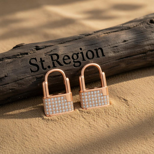 Cubic Zirconia and 18K Rose Gold-Plated Lock Huggie Earrings, rose gold huggie earrings, botanical inspired, front view