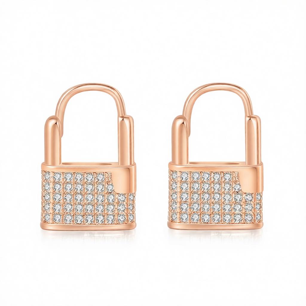 Cubic Zirconia and 18K Rose Gold-Plated Lock Huggie Earrings, rose gold huggie earrings, botanical inspired, side view