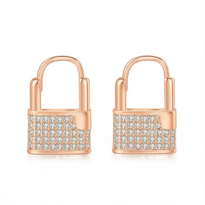 Cubic Zirconia and 18K Rose Gold-Plated Lock Huggie Earrings, rose gold huggie earrings, botanical inspired, side view