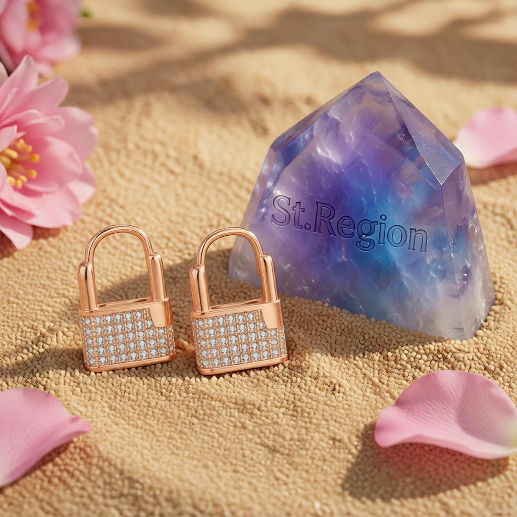 Cubic Zirconia and 18K Rose Gold-Plated Lock Huggie Earrings, rose gold huggie earrings, botanical inspired, detail close-up