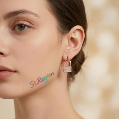 Cubic Zirconia and 18K Rose Gold-Plated Lock Huggie Earrings, rose gold huggie earrings, botanical inspired, styled look