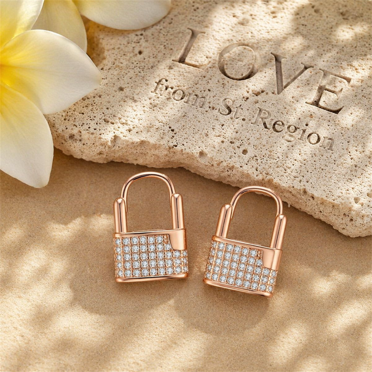 Cubic Zirconia & 18K Rose Gold-Plated Lock Huggie Earrings