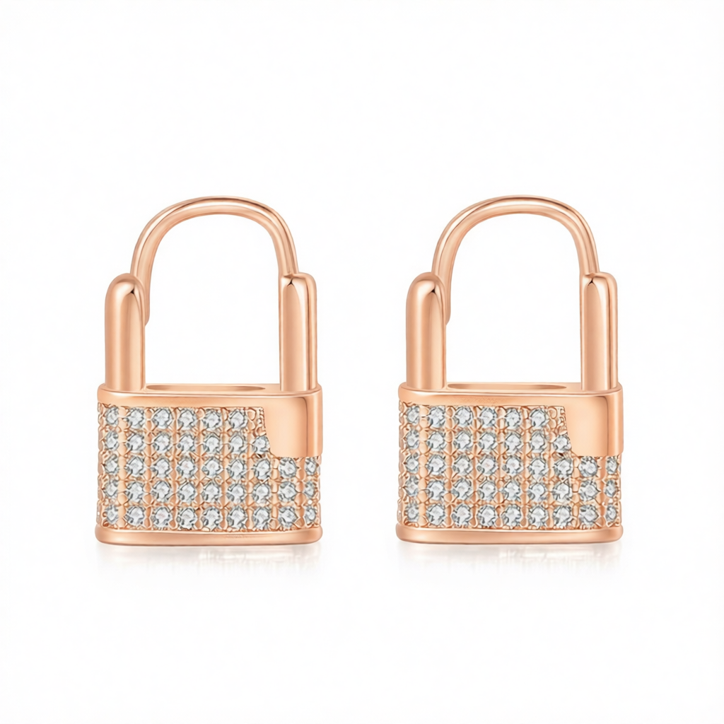 Cubic Zirconia & 18K Rose Gold-Plated Lock Huggie Earrings