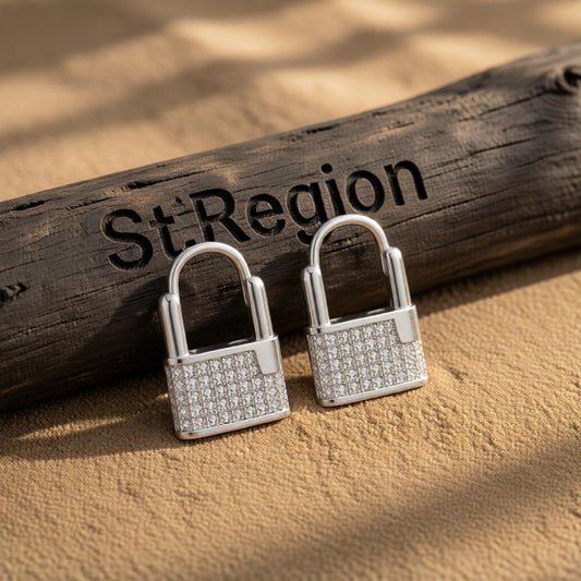 Cubic Zirconia and Silver-Plated Lock Huggie Earrings, silver huggie earrings, dainty minimalist design, front view