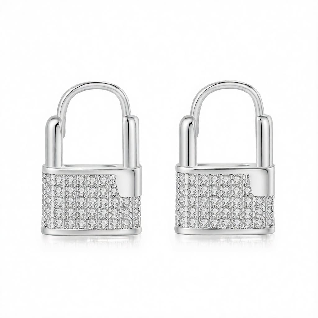 Cubic Zirconia and Silver-Plated Lock Huggie Earrings, silver huggie earrings, dainty minimalist design, side view