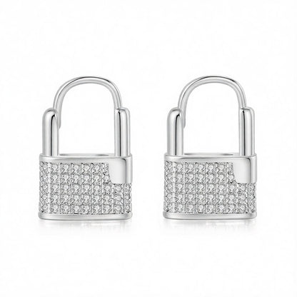 Cubic Zirconia and Silver-Plated Lock Huggie Earrings, silver huggie earrings, dainty minimalist design, side view