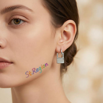 Cubic Zirconia and Silver-Plated Lock Huggie Earrings, silver huggie earrings, dainty minimalist design, styled look