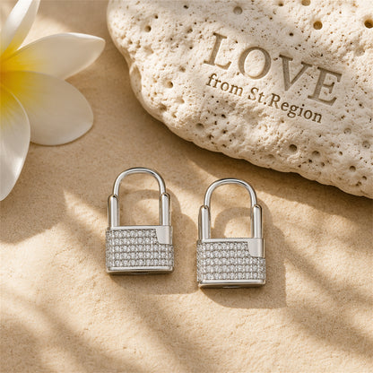 Cubic Zirconia & Silver-Plated Lock Huggie Earrings