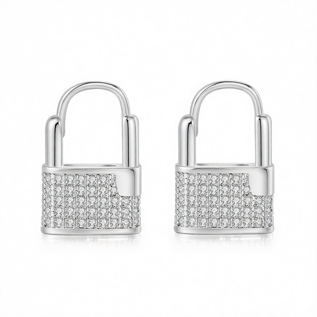 Cubic Zirconia & Silver-Plated Lock Huggie Earrings