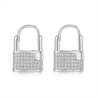 Cubic Zirconia & Silver-Plated Lock Huggie Earrings