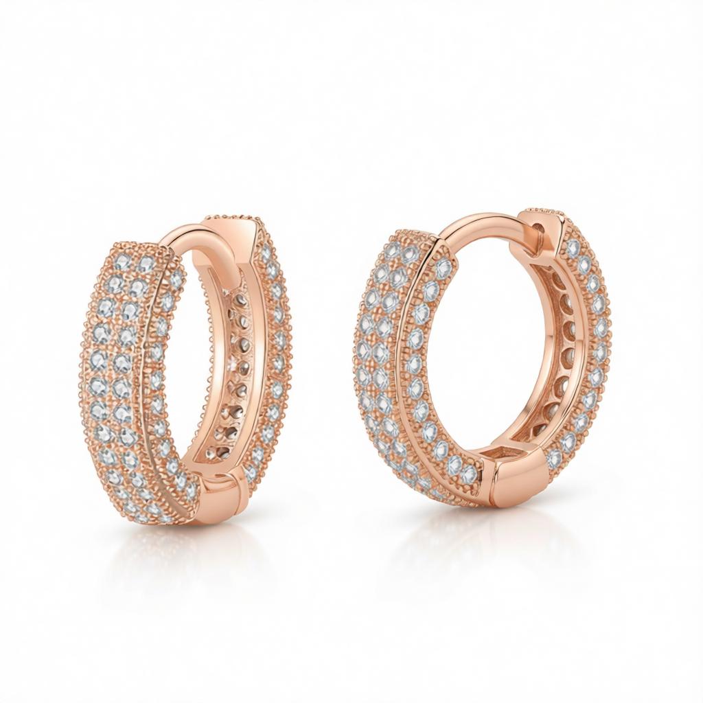 Cubic Zirconia and 18K Rose Gold-Plated Huggie Earrings, rose gold huggie earrings, dainty minimalist design, side view
