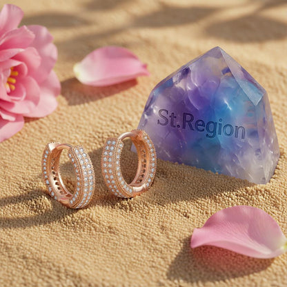 Cubic Zirconia and 18K Rose Gold-Plated Huggie Earrings, rose gold huggie earrings, dainty minimalist design, detail close-up