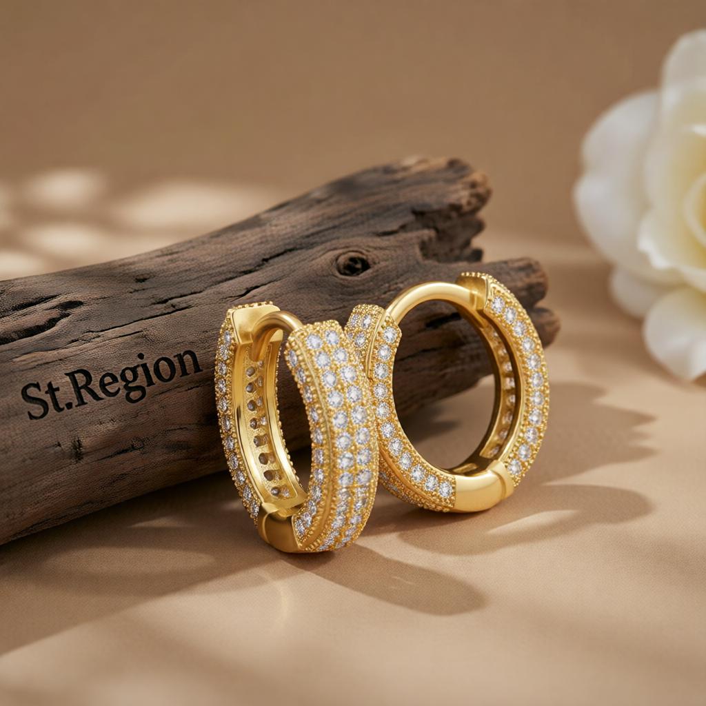 Cubic Zirconia and 18K Gold-Plated Huggie Earrings, gold huggie earrings, everyday style, front view