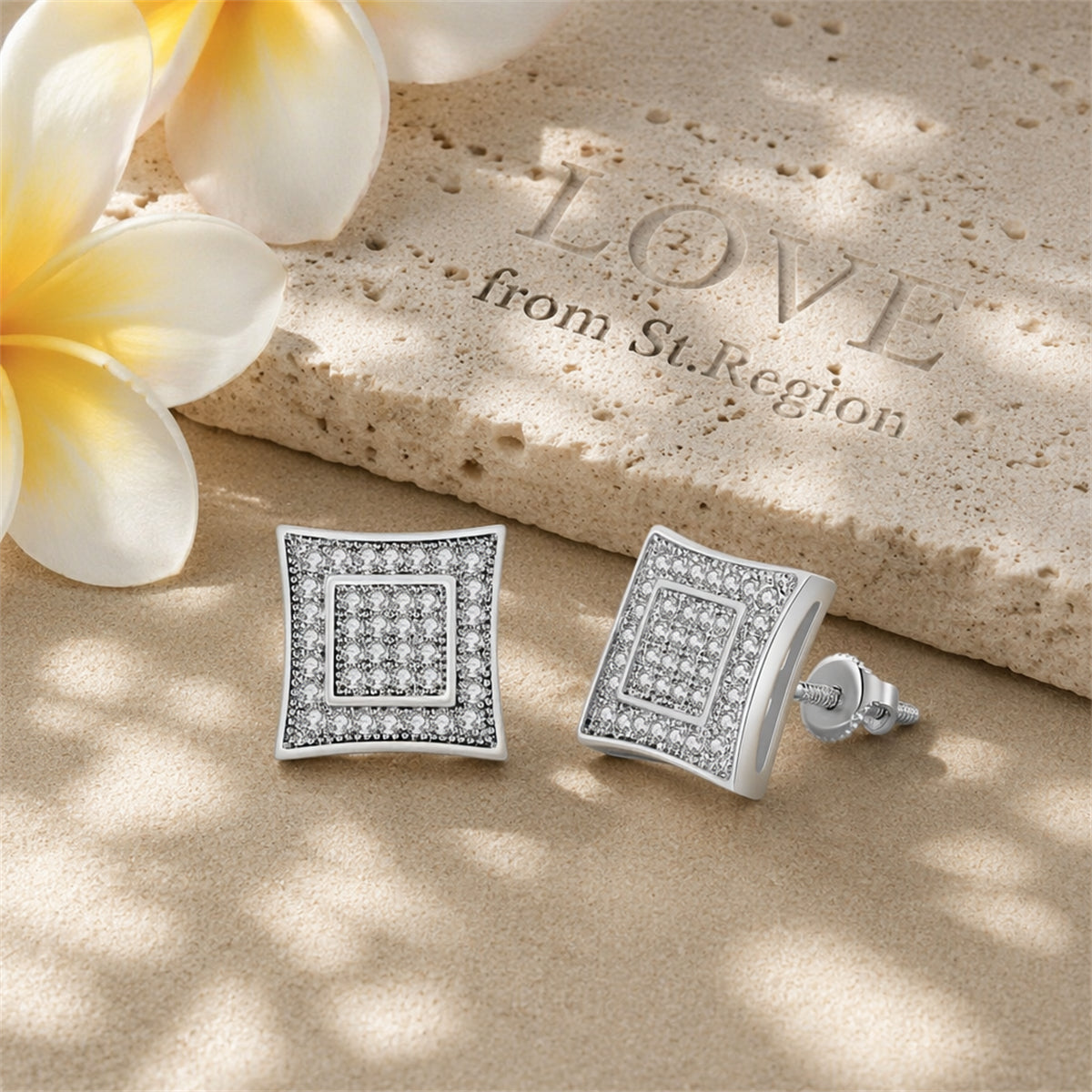 Cubic Zirconia & Silver-Plated Square Stud Earrings