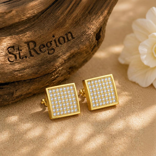 Cubic Zirconia and 18K Gold-Plated Curved Square Stud Earrings, cubic zirconia stud earrings for women, front view