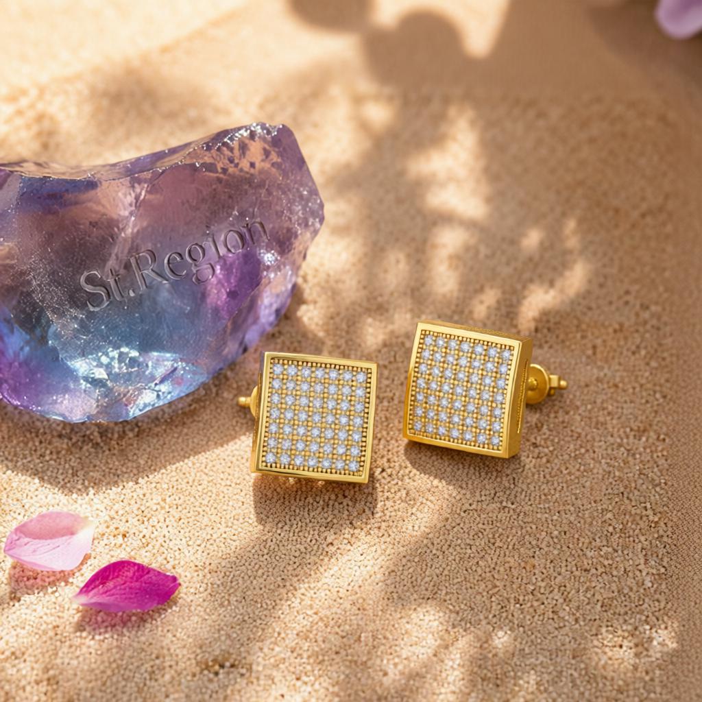 Cubic Zirconia and 18K Gold-Plated Curved Square Stud Earrings, gold stud earrings for women, detail close-up