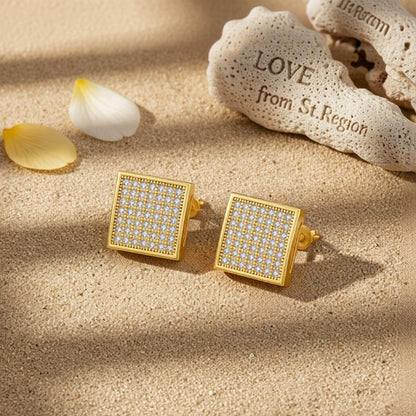 Cubic Zirconia and 18K Gold-Plated Curved Square Stud Earrings, gold stud earrings for women, lifestyle look