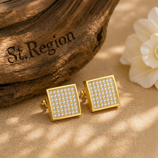 Cubic Zirconia & 18K Gold-Plated Curved Square Stud Earrings